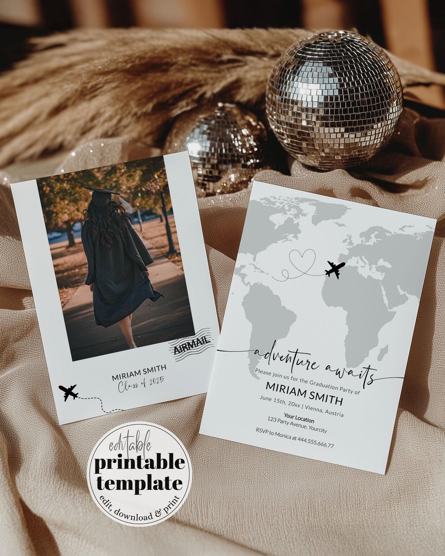 Adventure Awaits Graduation Party Invitation Template Travel-Themed Custom Graduate Invites for High School and College Celebrations #072w - TheLovebirdsDesign