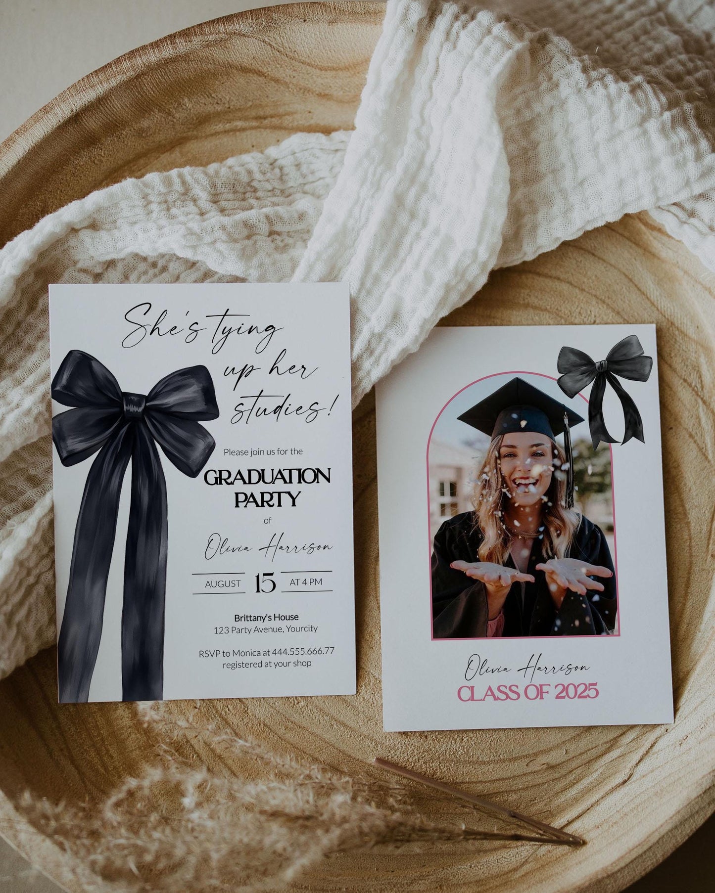 Black Bow Graduation Party Invitation for Class of 2025 Classic Coquette Bow Grad Party Invite Printable Ribbon Bow Editable Template #072 - TheLovebirdsDesign