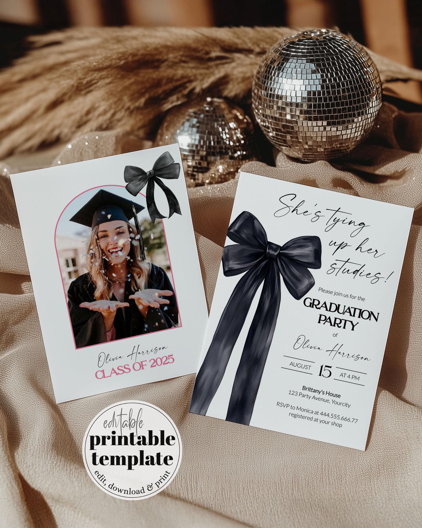 Black Bow Graduation Party Invitation for Class of 2025 Classic Coquette Bow Grad Party Invite Printable Ribbon Bow Editable Template #072 - TheLovebirdsDesign