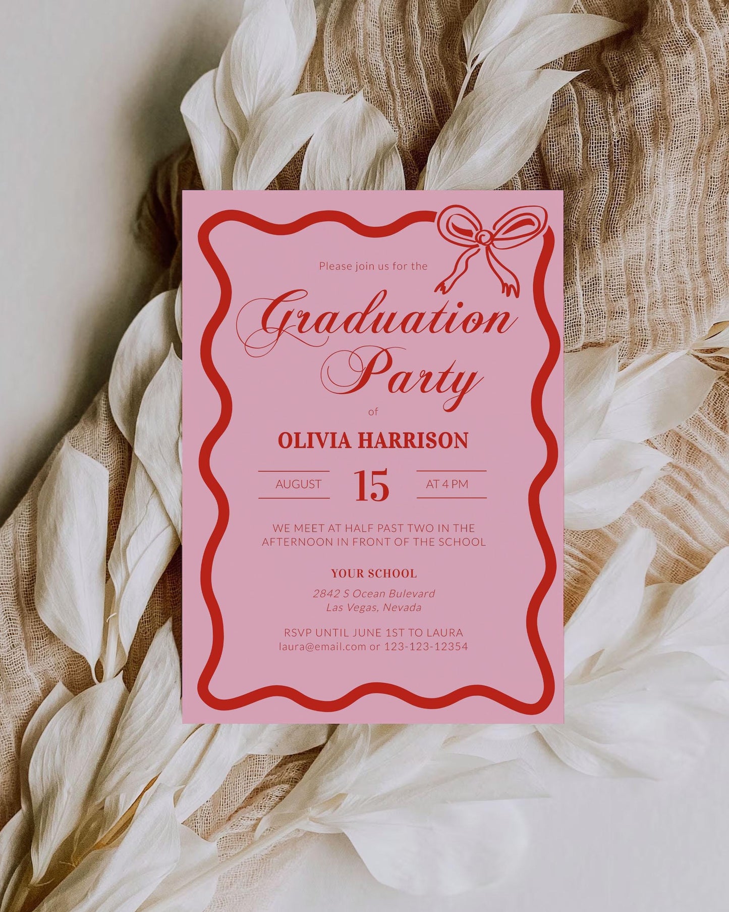 Pink Wavy Frame Graduation Party Invitation Girl Class of 2025 Coquette Grad Party Invite Template for Summer High School or College #072 - TheLovebirdsDesign