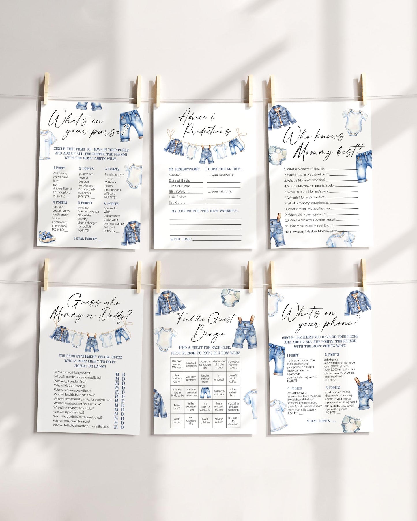 Blue Jean Baby Shower Game Bundle Printable Boys Denim Diamond Jean Baby Shower Games Editable Denim Shower Guest Activity Template #072 - TheLovebirdsDesign