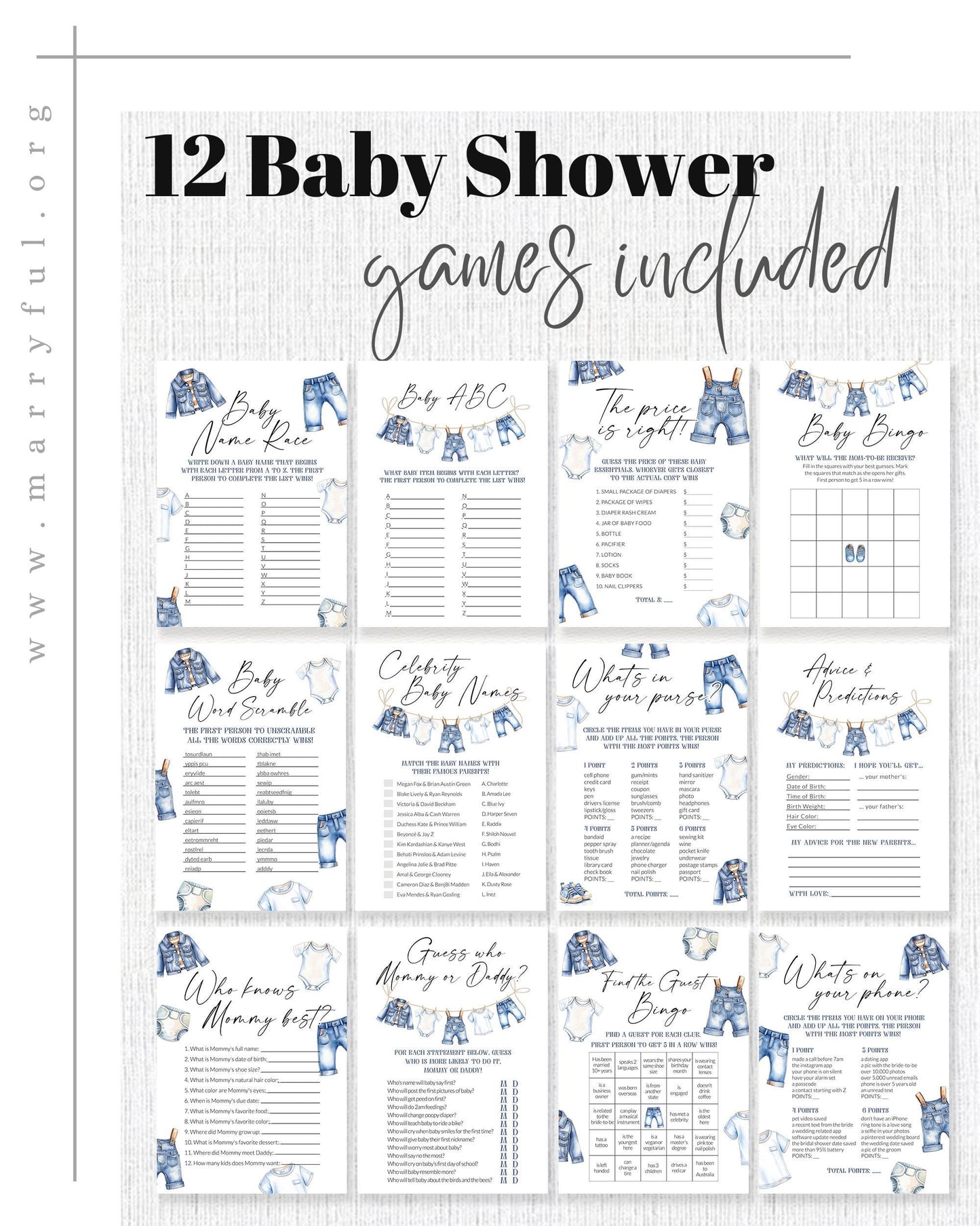 Blue Jean Baby Shower Game Bundle Printable Boys Denim Diamond Jean Baby Shower Games Editable Denim Shower Guest Activity Template #072 - TheLovebirdsDesign
