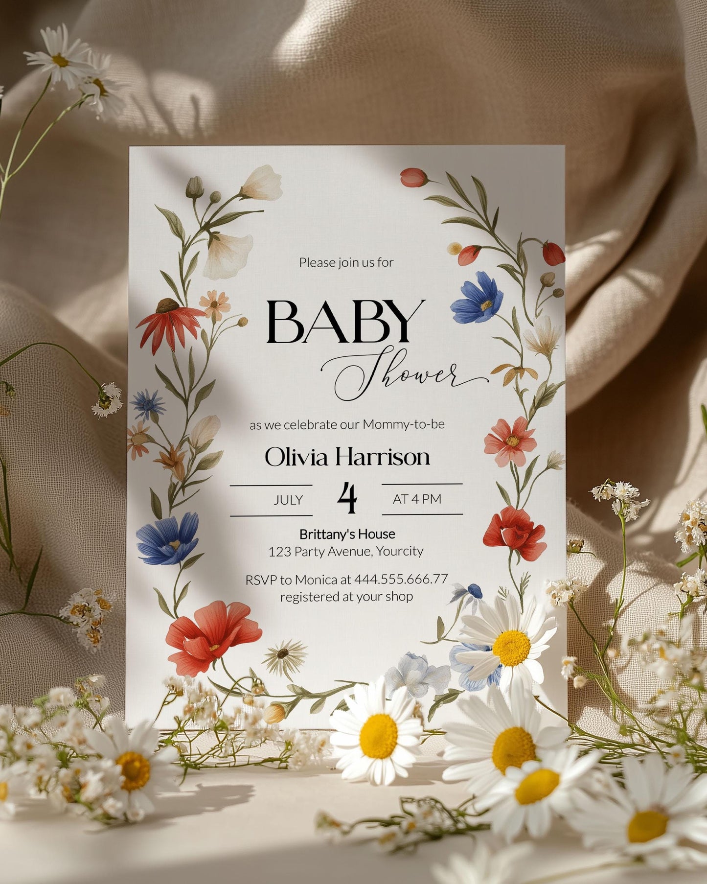 Charming baby shower invitation with a floral border, including a detailed information card about the celebration, making it ideal for a unique summer gathering.
