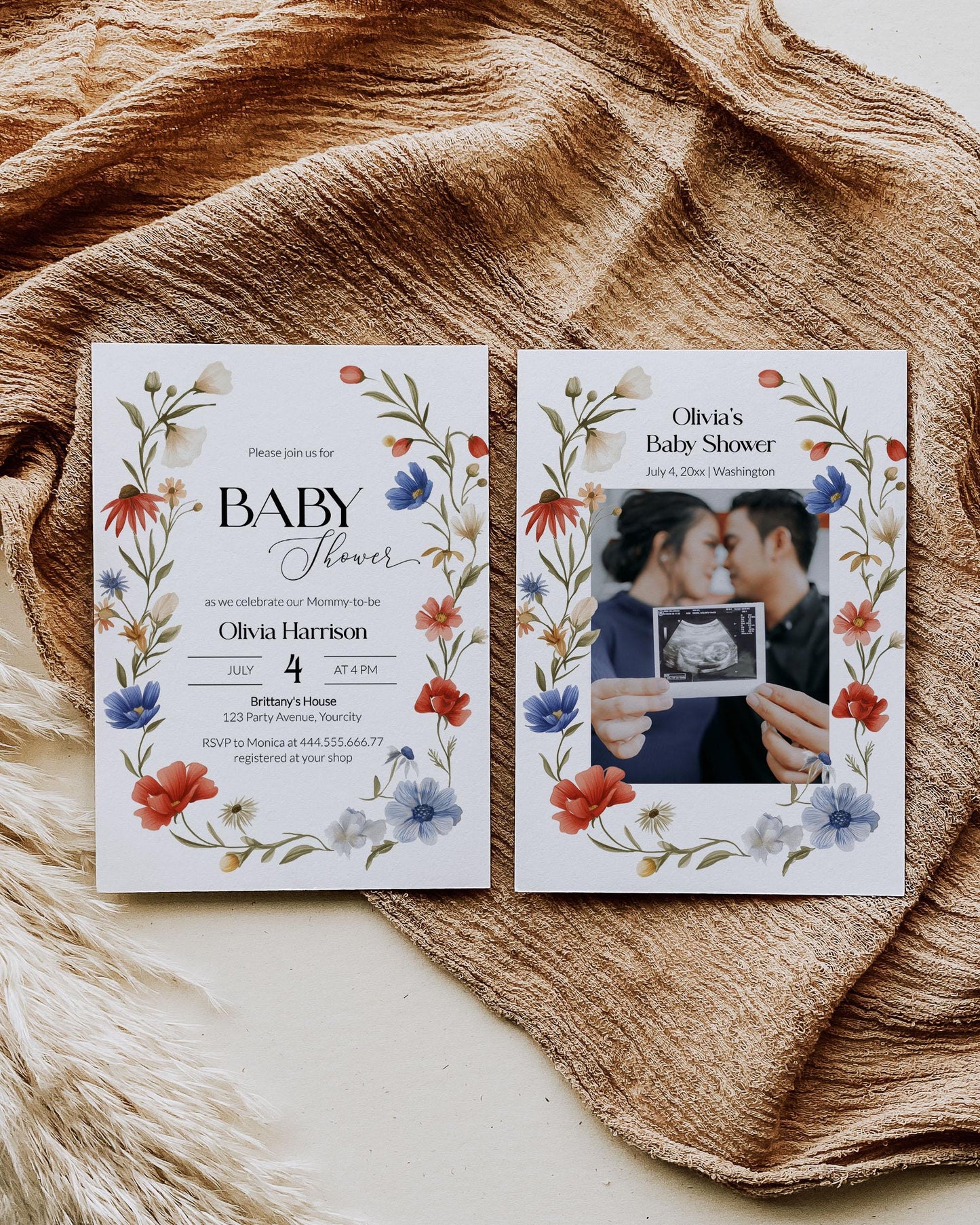 Wildflower-themed baby shower invitation featuring a red, white, and blue floral design with event details for Olivia Harrison's celebration, perfect for an Independence Day gathering.