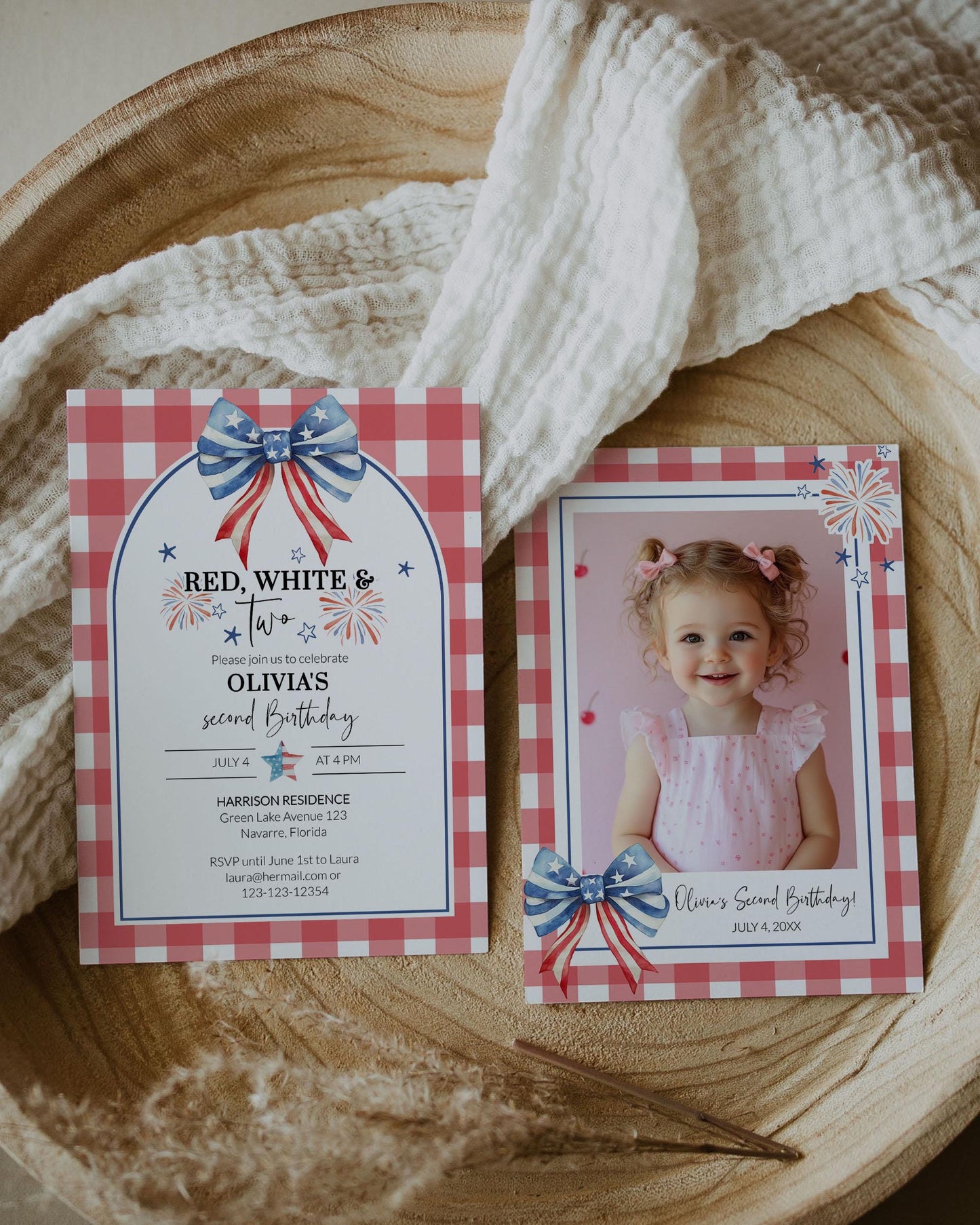 Colorful 4th of July birthday invite featuring a sweet design for Olivia's second birthday, complete with whimsical stars, fireworks, and clear details about the festive gathering.