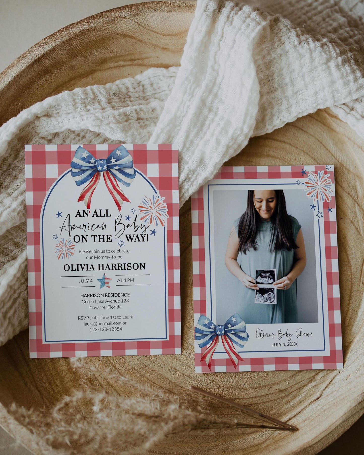 Detailed baby shower invitation highlighting a fun, patriotic theme, with a schedule of events and RSVP information, designed to create excitement for the upcoming celebration.