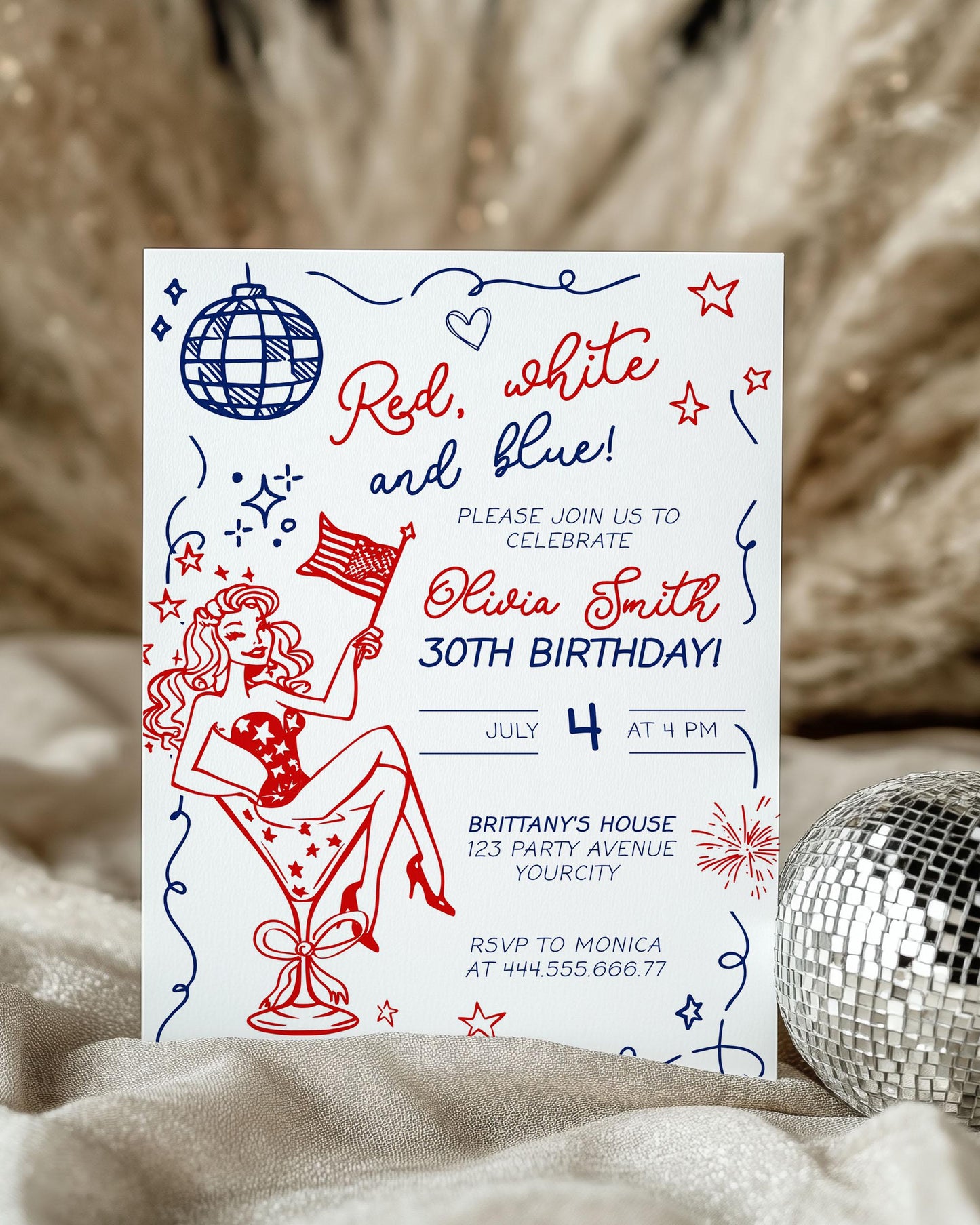 4th of July Adult Birthday Invitation Handwritten Red White and Blue Patriotic Independence Day Birthday Invite Template for bbq Grill #070 - TheLovebirdsDesign