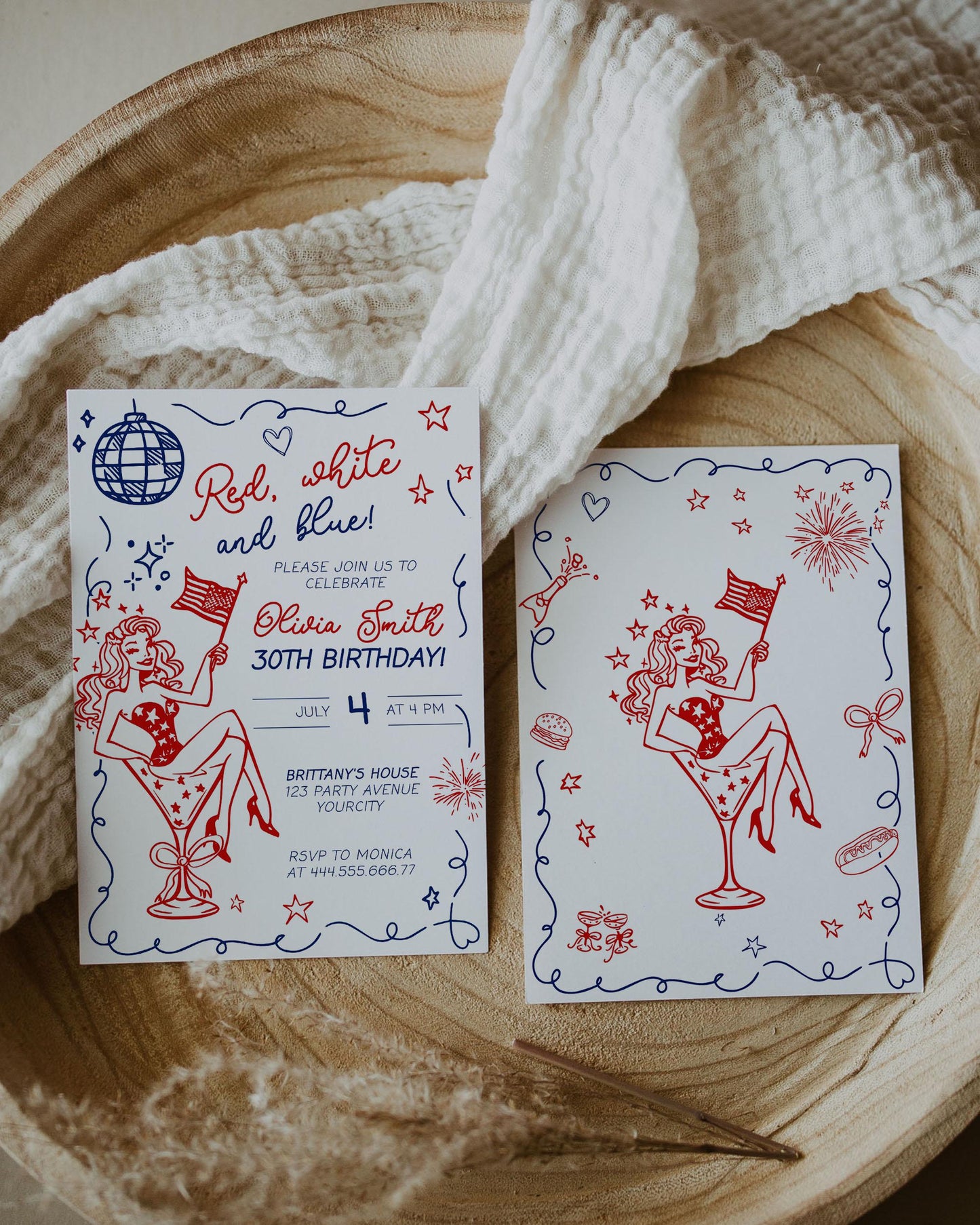 Hand-drawn 4th of July birthday invitation, showcasing a festive red and blue design with wavy frames including fireworks, cocktails, and disco elements like stars and a disco ball.