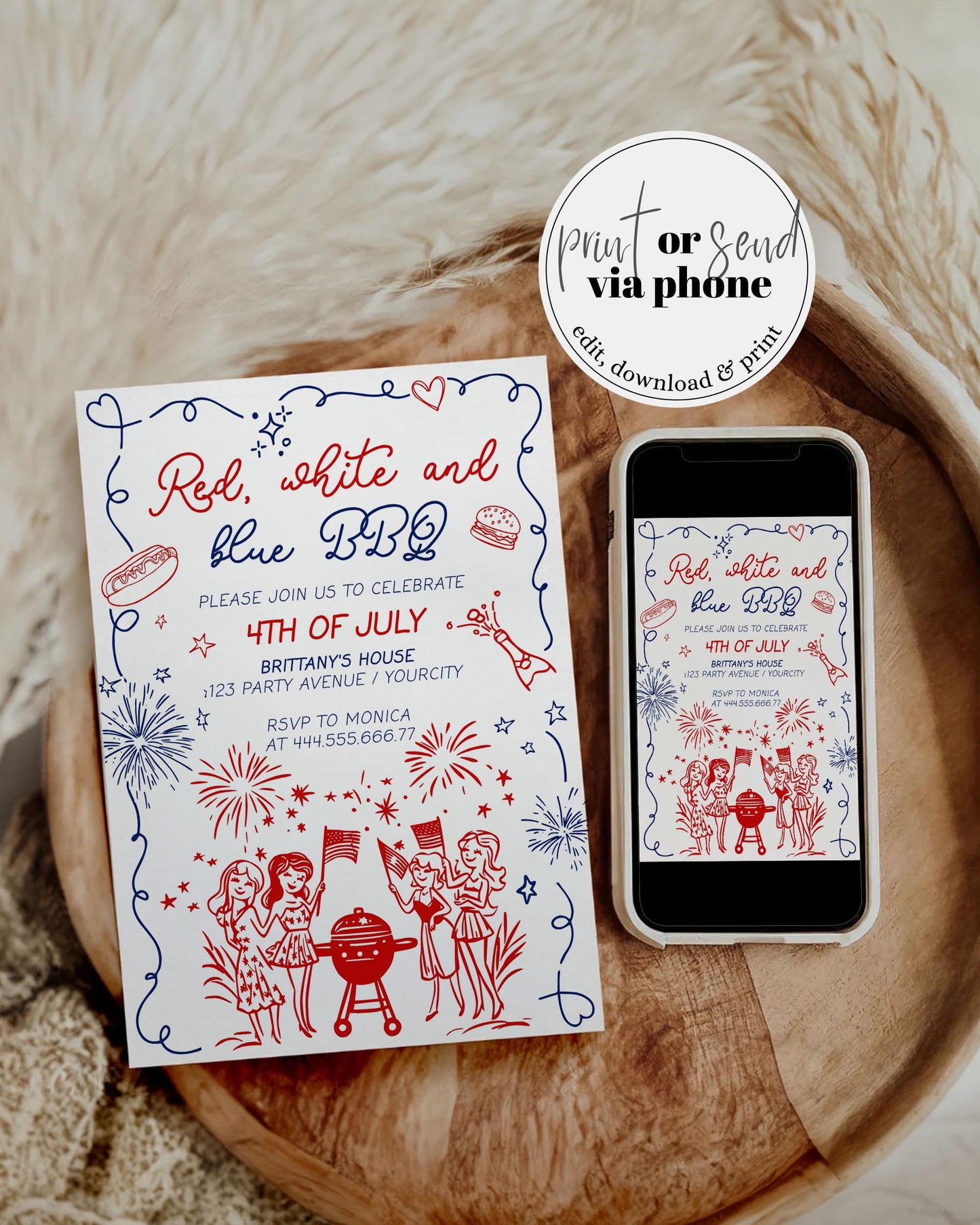 4th of July Backyard BBQ Grill Party Invitation Handwritten Independence Day Barbeque Invite Template Wavy Frame Funky Patriotic Doodle #070 - TheLovebirdsDesign