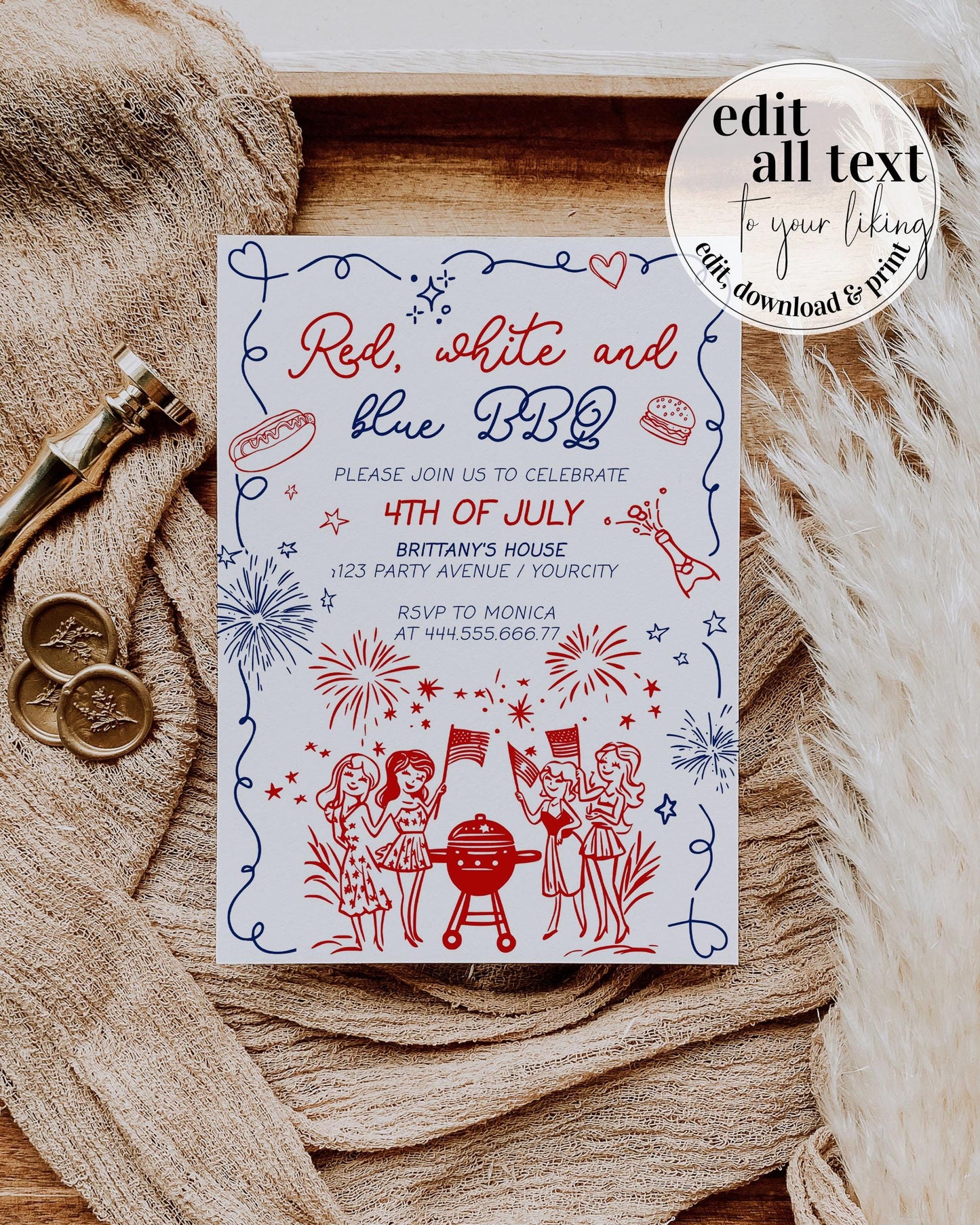 4th of July Backyard BBQ Grill Party Invitation Handwritten Independence Day Barbeque Invite Template Wavy Frame Funky Patriotic Doodle #070 - TheLovebirdsDesign