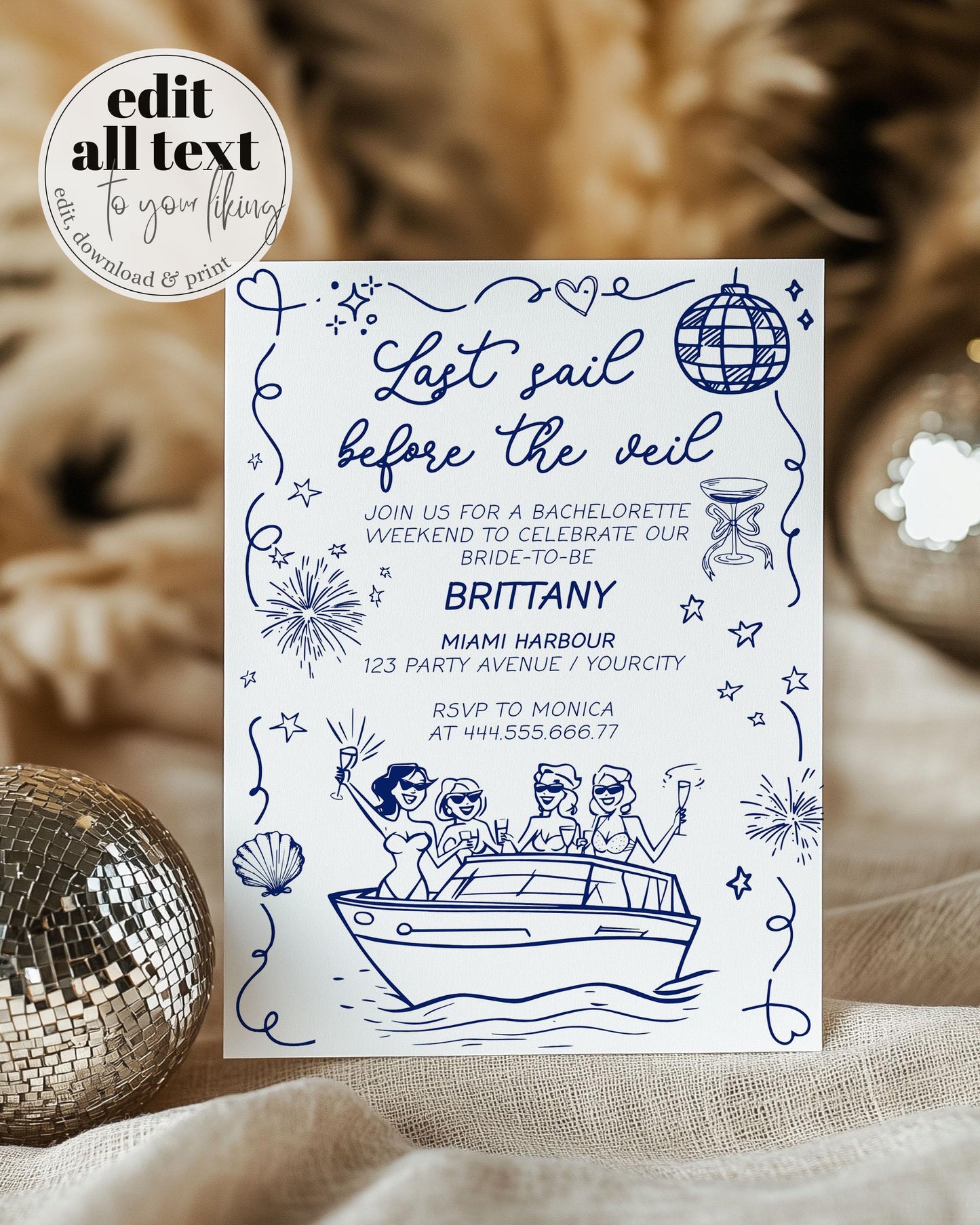 Boat Party Bachelorette Weekend Itinerary Handwritten Yacht Swim Pool Girls Getaway Party Invitation Wavy Frame Funky Doodle Template #070 - TheLovebirdsDesign
