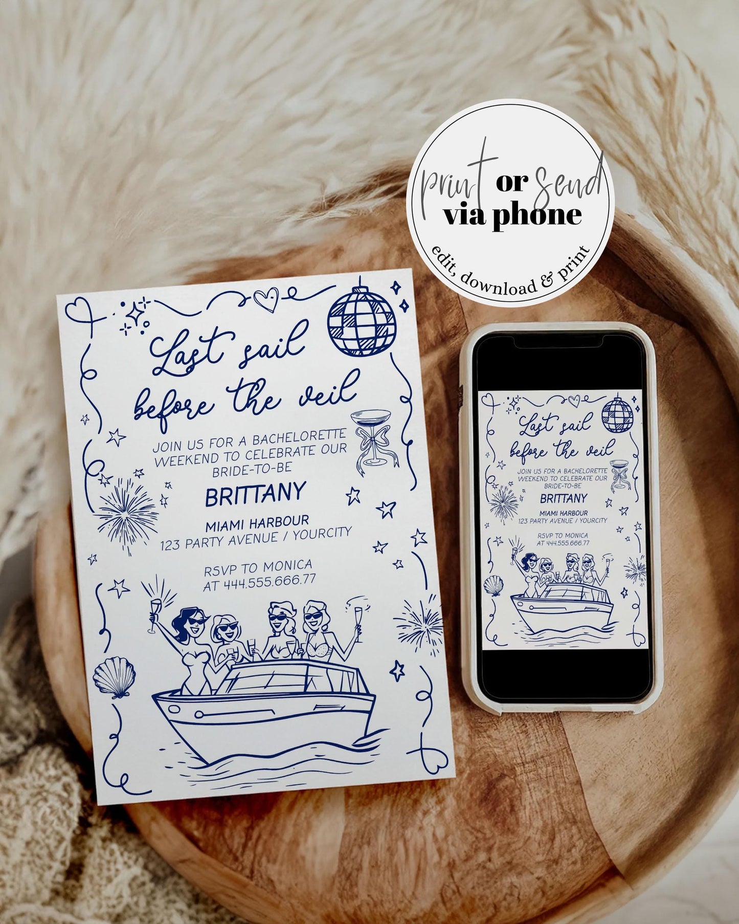 Boat Party Bachelorette Weekend Itinerary Handwritten Yacht Swim Pool Girls Getaway Party Invitation Wavy Frame Funky Doodle Template #070 - TheLovebirdsDesign