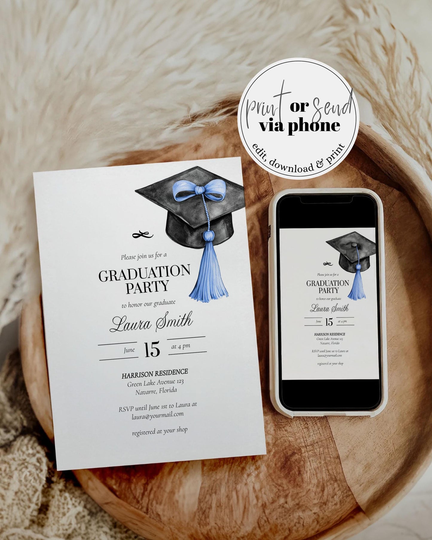 Graduation Party Invitation Editable Blue Tassel Bow Graduation Announcement Class of 2025 College or High School Grad Invite Template #023 - TheLovebirdsDesign