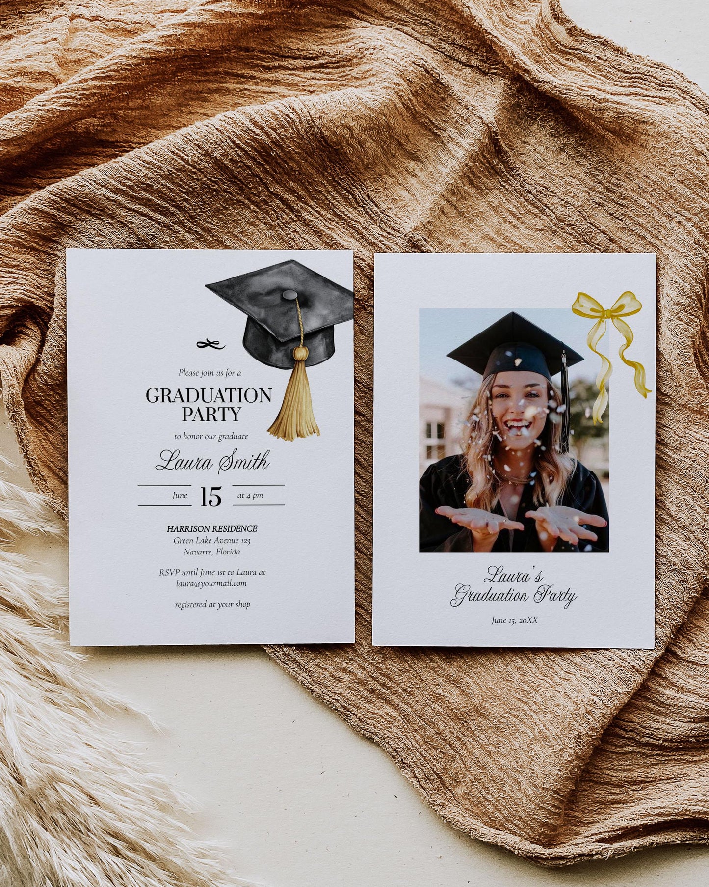 Graduation Party Invitation Editable Golden Tassel Bow Graduation Announcement Class of 2025 College or High School Grad Invite Template#023 - TheLovebirdsDesign
