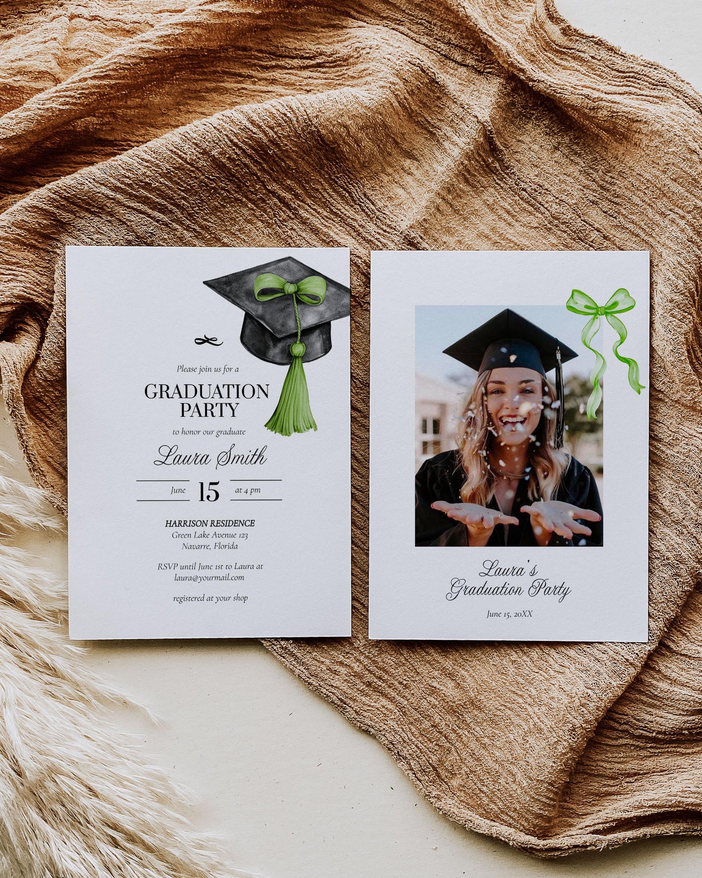 Graduation Party Invitation Editable Green Tassel Bow Graduation Announcement Class of 2025 College or High School Grad Invite Template #023 - TheLovebirdsDesign