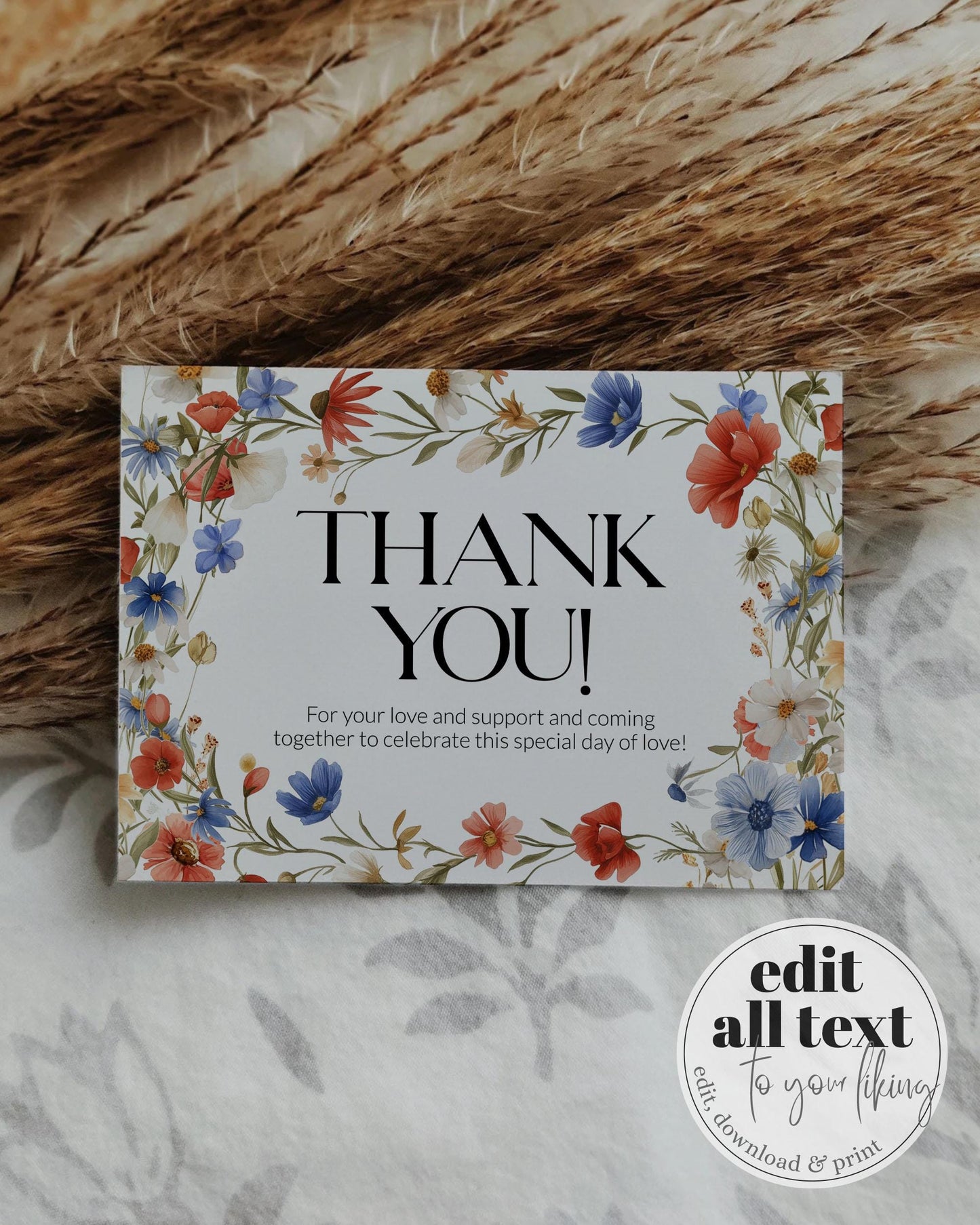 Wildflower 4th of July Thank you Card Template Red White and Blue Floral Baby Shower Thank you Note for Independence Day BBQ Grillout #072 - TheLovebirdsDesign
