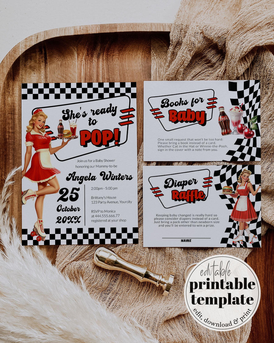 Soda Shop Baby Shower Invitation, She’s Ready to Pop Cherry Cola Retro Party Template - marryful.org