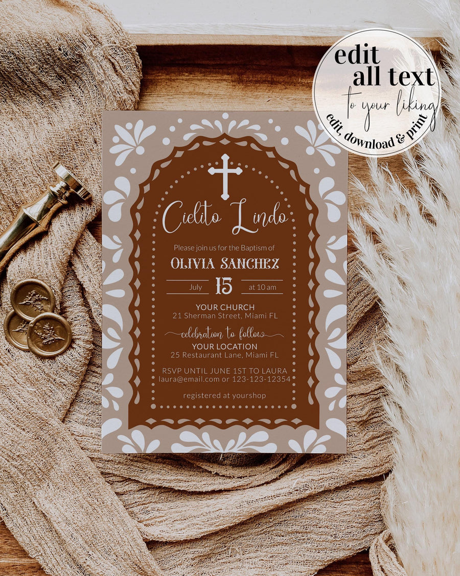 Cielito Lindo Baptism Invitation, Gender Neutral Mexican Talavera Papel Picado Template 001CL-BAPINV - marryful.org