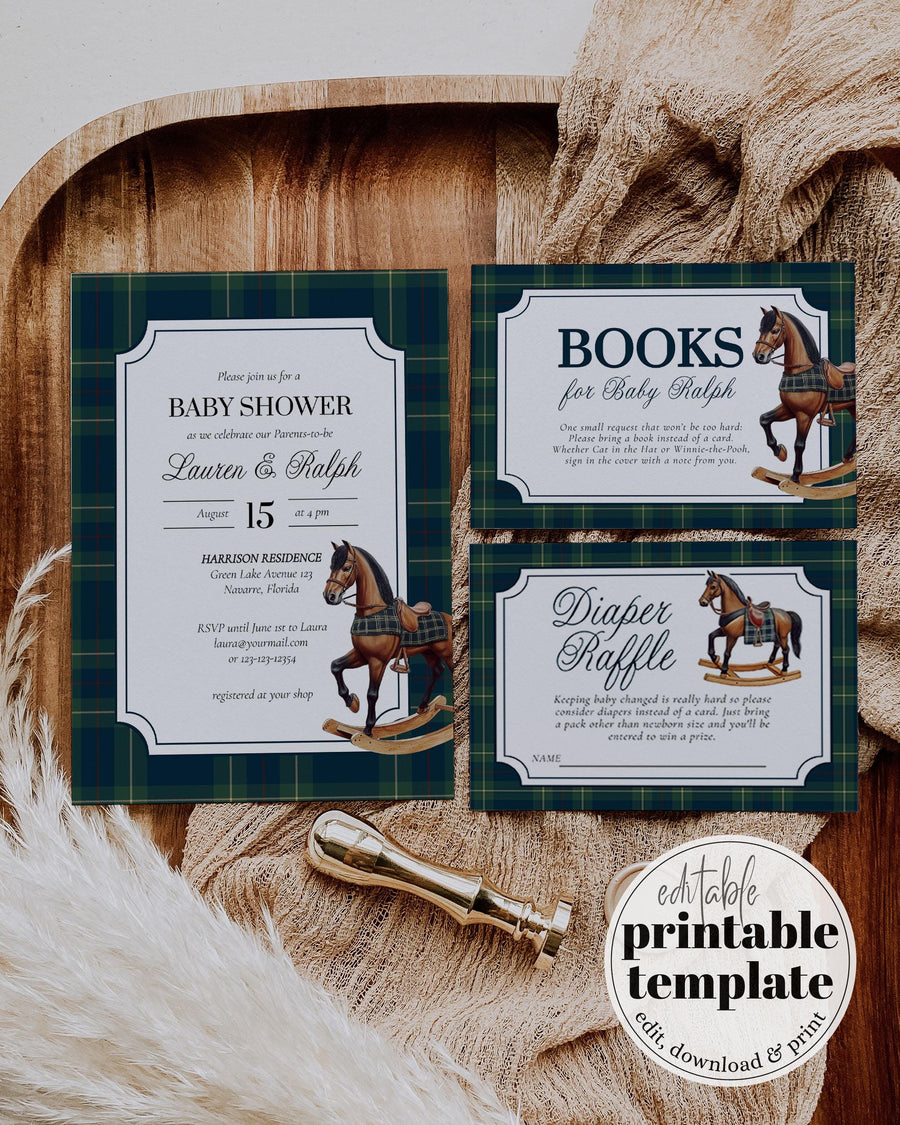 Vintage Classic Rocking Horse Polo Baby Shower Invitation for Boys Girls Blue Green Plaid Unique Equestrian Shower Invite Template #068rl - marryful.org