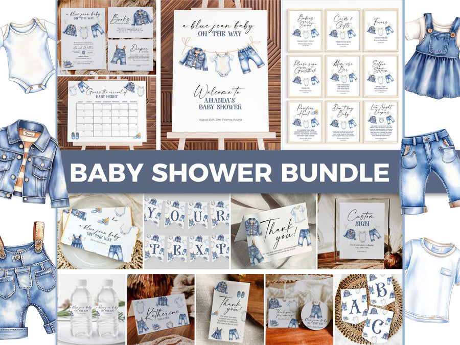 Blue Jean Baby Shower Bundle Boys Denim Diamond Jeans Baby on the Way Baby Shower Invitation & Decor Bundle Denim Shower Theme Template #072 - marryful.org