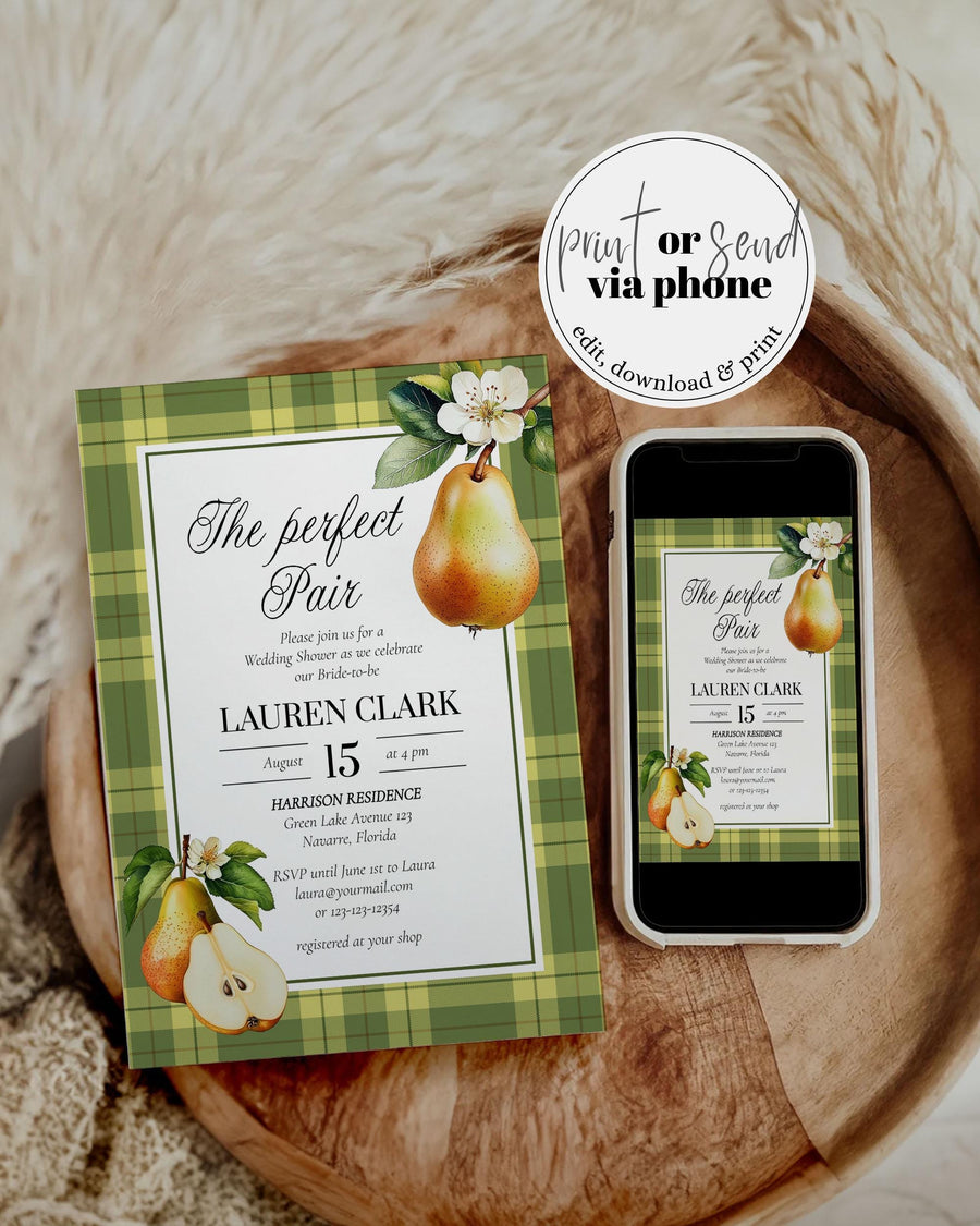 Pear Bridal Shower Invitation Template, Green Plaid, Rustic Fall, Digital Download 068PP-BSINV-GR - marryful.org