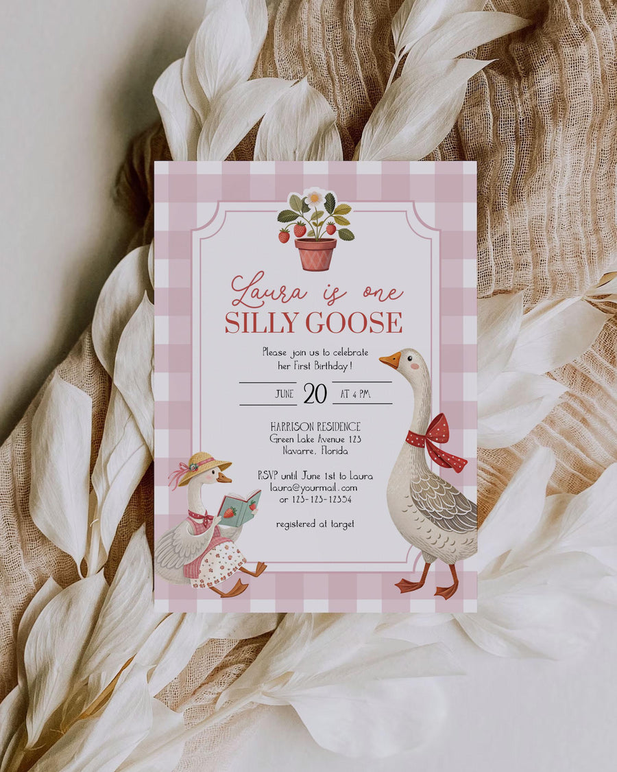 Strawberry Silly Goose First Birthday Invitation Template, Coquette Garden Party Printable 004SG-BINV-STW - marryful.org
