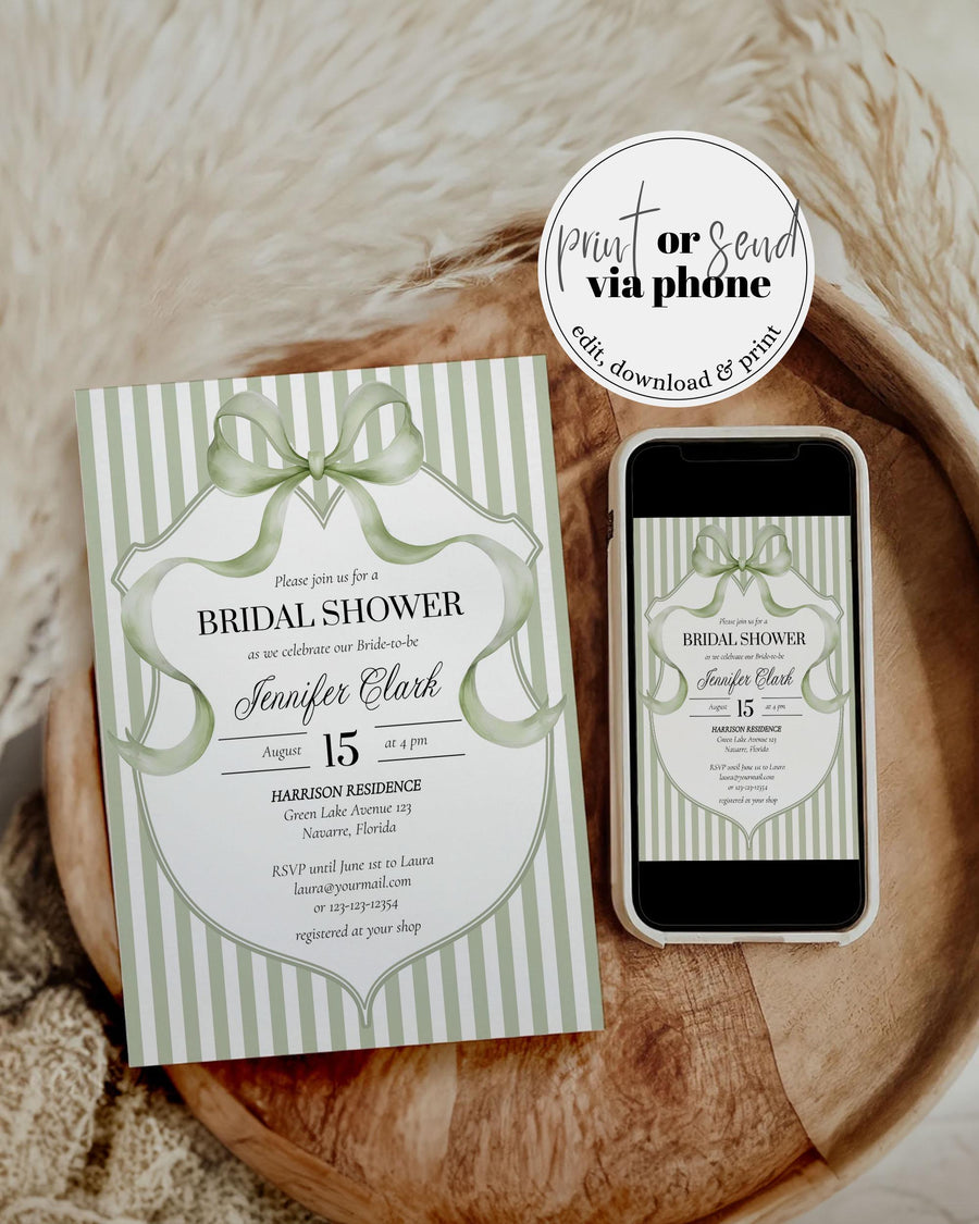 Coquette Bridal Shower Invitation Template, Vintage Bow and Green Stripe Elegant Invite 069GR-BRINV - marryful.org