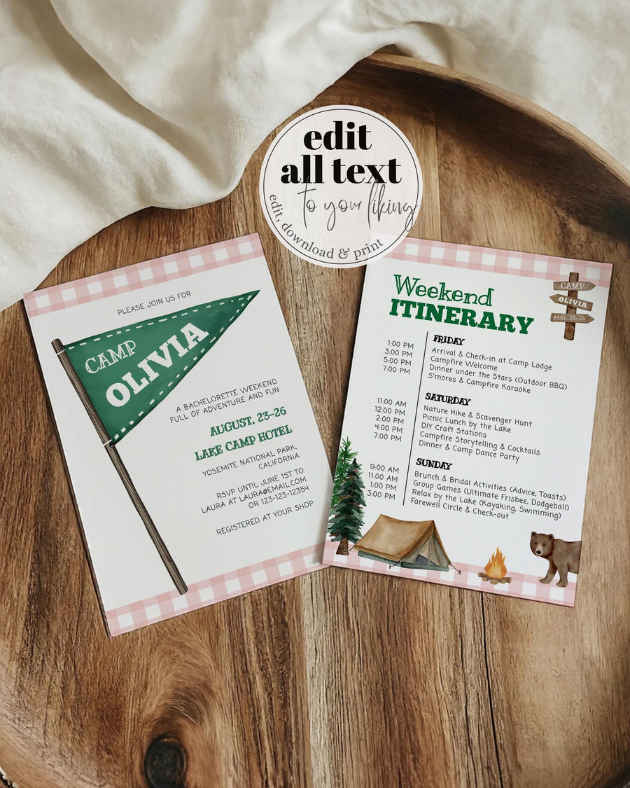 Glamping Bachelorette Itinerary Template, Camp Bach Weekend Schedule, Hiking Cabin Girls Trip 016PI-BACHINV - marryful.org