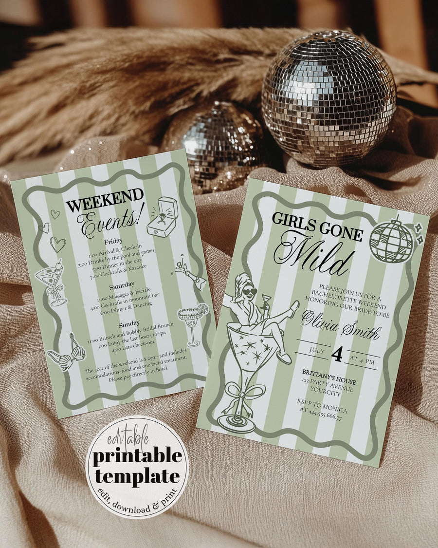 Sage Green Pajama Party Invite Girls gone mild Bachelorette Itinerary Template Spa Weekend Trip Sleepover Hen Do Slumber Party #076 - marryful.org