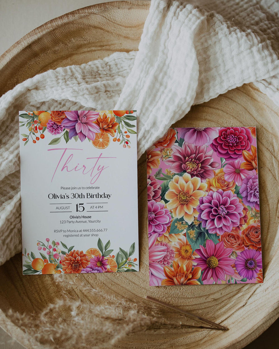Pink Orange Floral Birthday Invitation, Summer Garden Brunch Party Printable Template 011PO2-BINV - marryful.org
