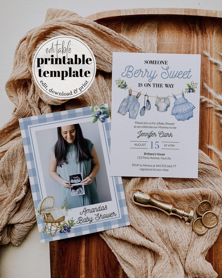 Blueberry Baby Shower Invitation, Berry Sweet Baby Boy Gingham Template 003BB2-BSINV - marryful.org