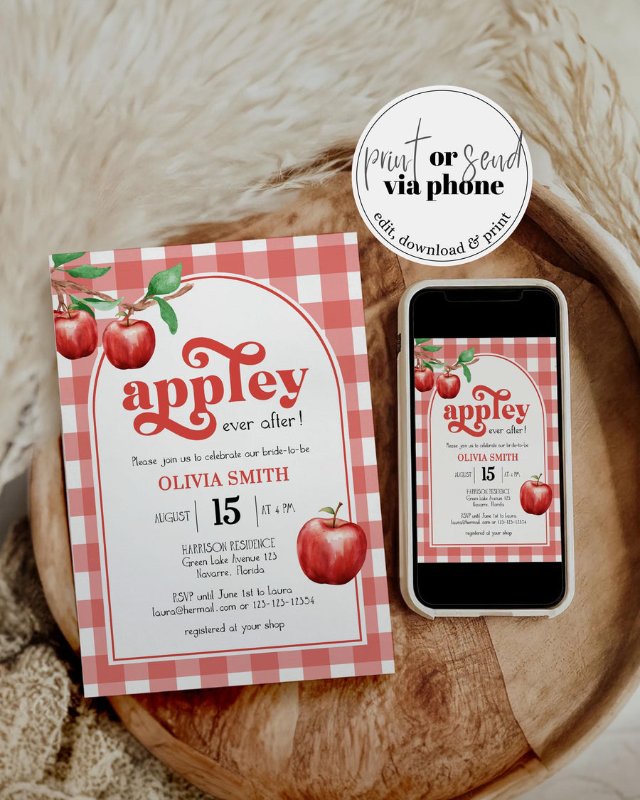 Appley Ever After Bridal Shower Invitation Template, Gingham Apple Fall Theme 092AP-BRSINV - marryful.org