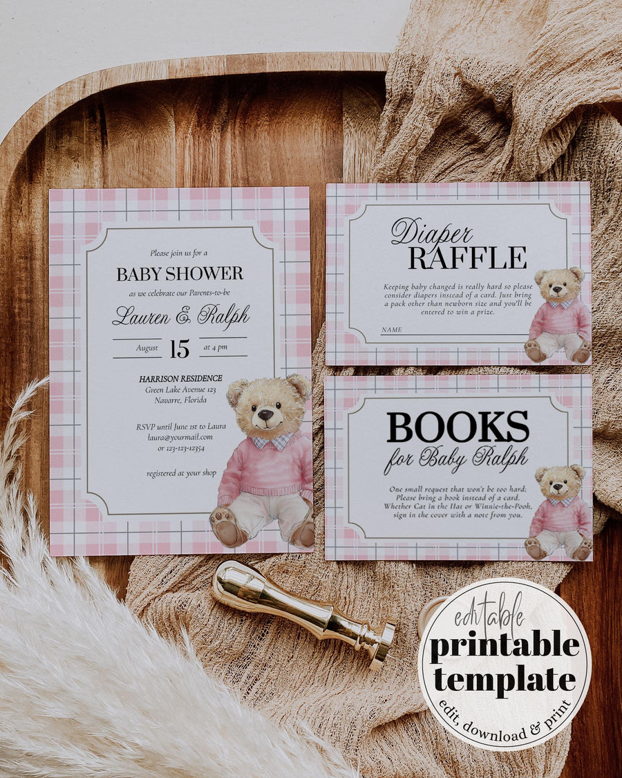 Pink Teddy Bear Baby Shower Invitation, Vintage Plaid Classic Bear Template 068PI-BSINV - marryful.org