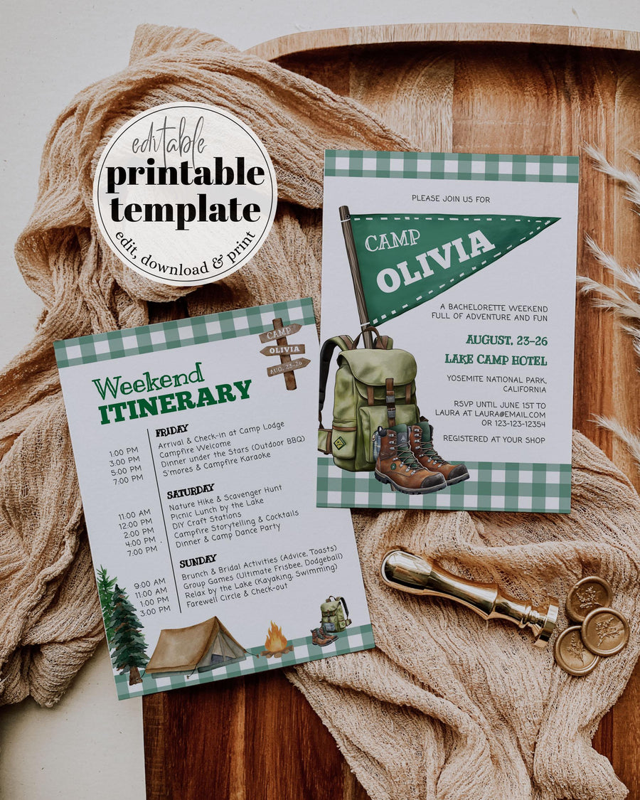 Camping Bachelorette Itinerary Invitation Template, Cabin Weekend Girls Trip Schedule 016GR-BACHINV - marryful.org