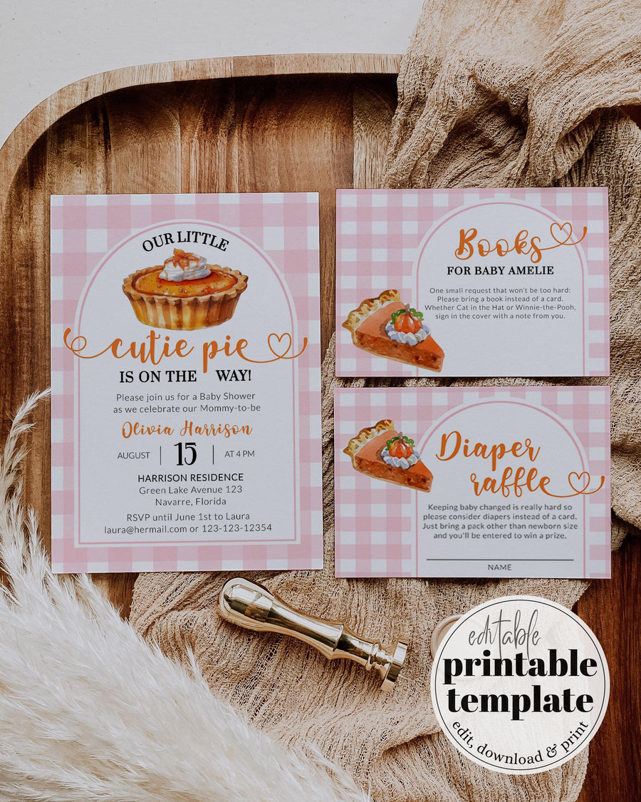 Pink Cutie Pie Baby Shower Invitation Template, Fall Little Pumpkin Autumn Theme 010PP-BSINV-PI - marryful.org