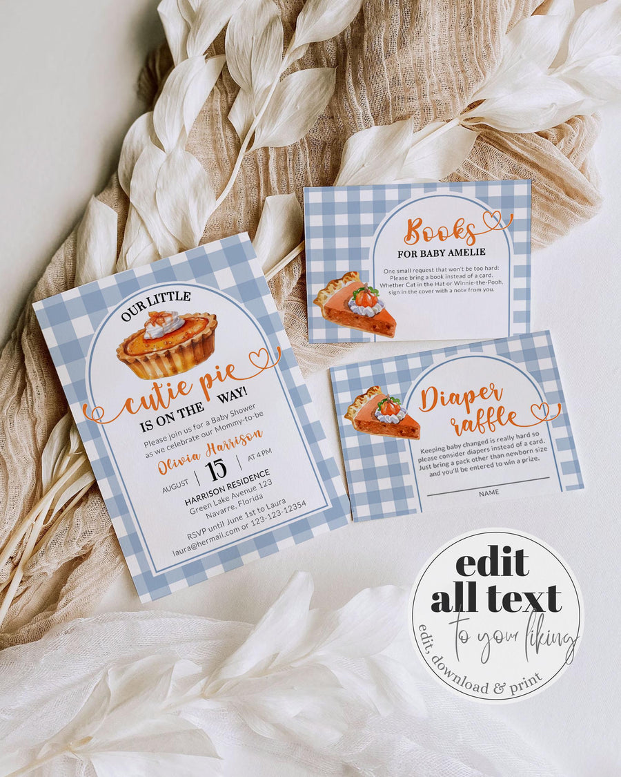 Blue Cutie Pie Baby Shower Invitation Template, Fall Little Pumpkin Theme for Boys 010PP-BSINV-BL - marryful.org