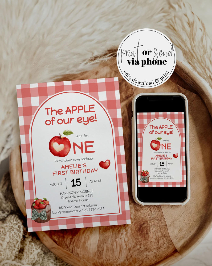 Apple of Our Eye First Birthday Invitation Template, Coquette Gingham Fall Theme 092AP-BINV - marryful.org
