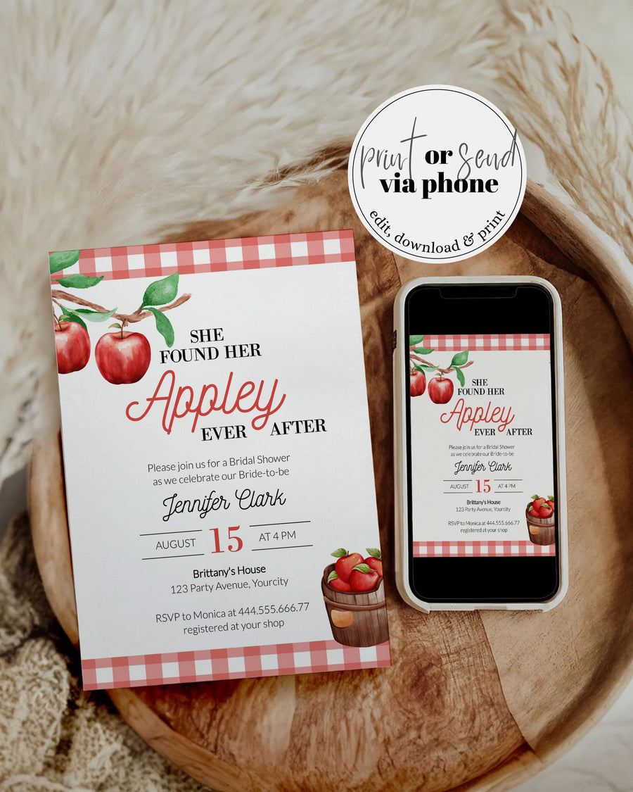 Apple of Our Eye Bridal Shower Invitation Template, Appley Ever After Gingham Theme 093AP-BRSINV - marryful.org