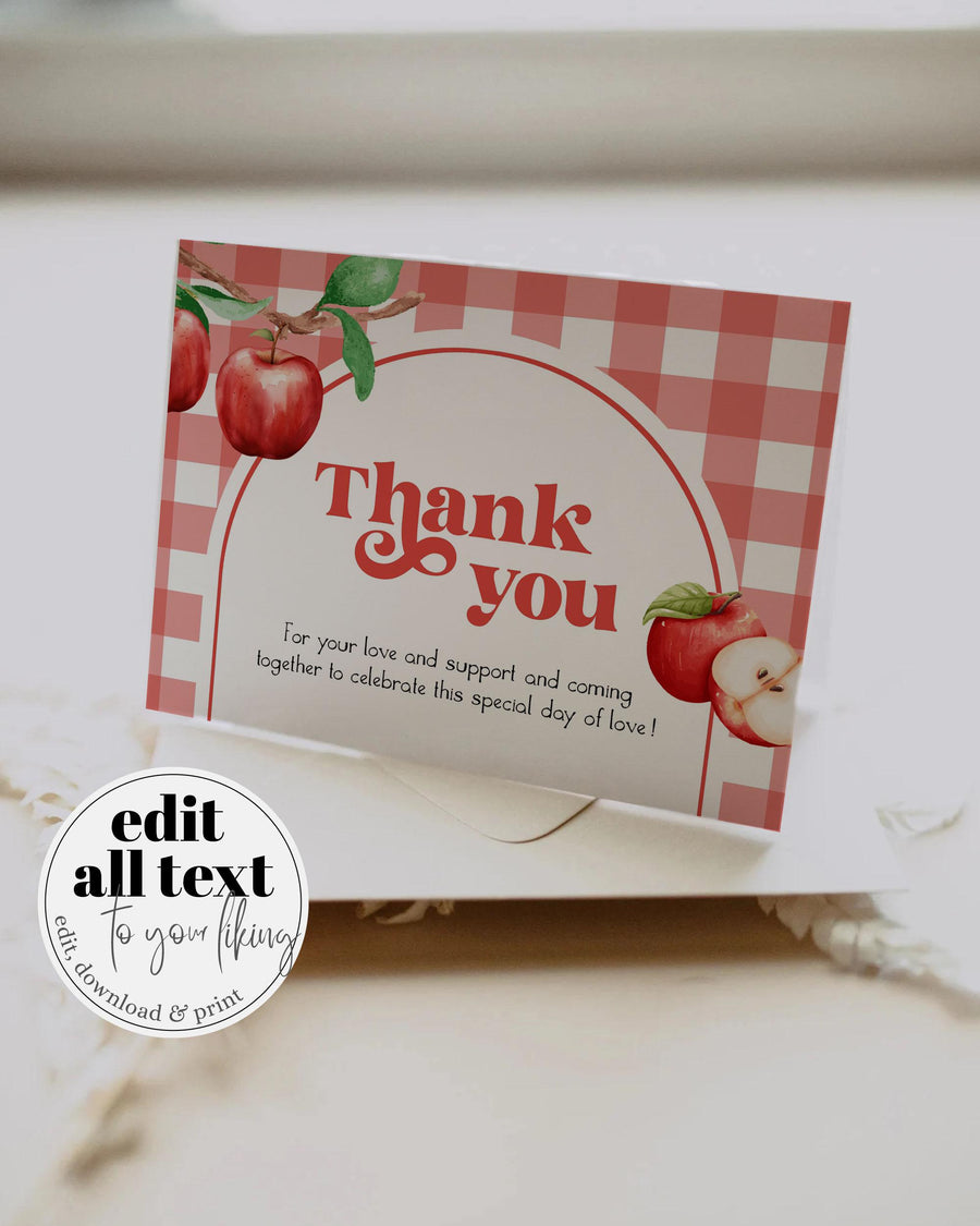 Apple Theme Thank You Card Template, Fall Gingham Bridal or Baby Shower Printable 092AP-THCA - marryful.org
