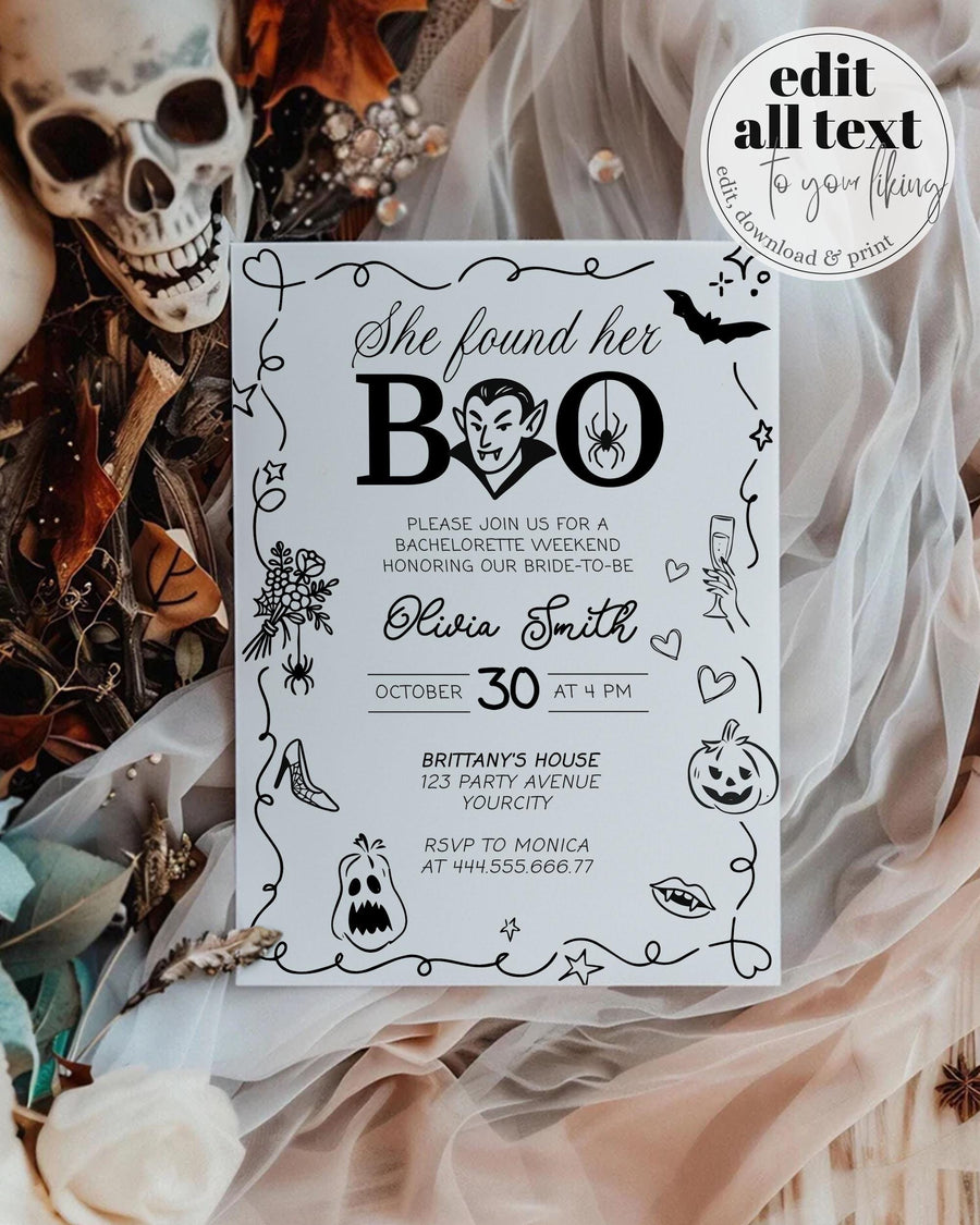 She found her Boo Halloween Bridal Shower Invitation Gothic Hen Do Weekend Itinerary Template with wavy frame spooky hand drawn icons #070 - TheLovebirdsDesign