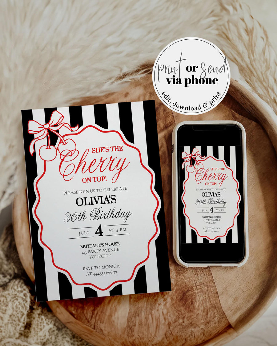Cherry On Top 30th Birthday Invitation Template, Coquette Striped Cherry Wavy Frame Party - marryful.org