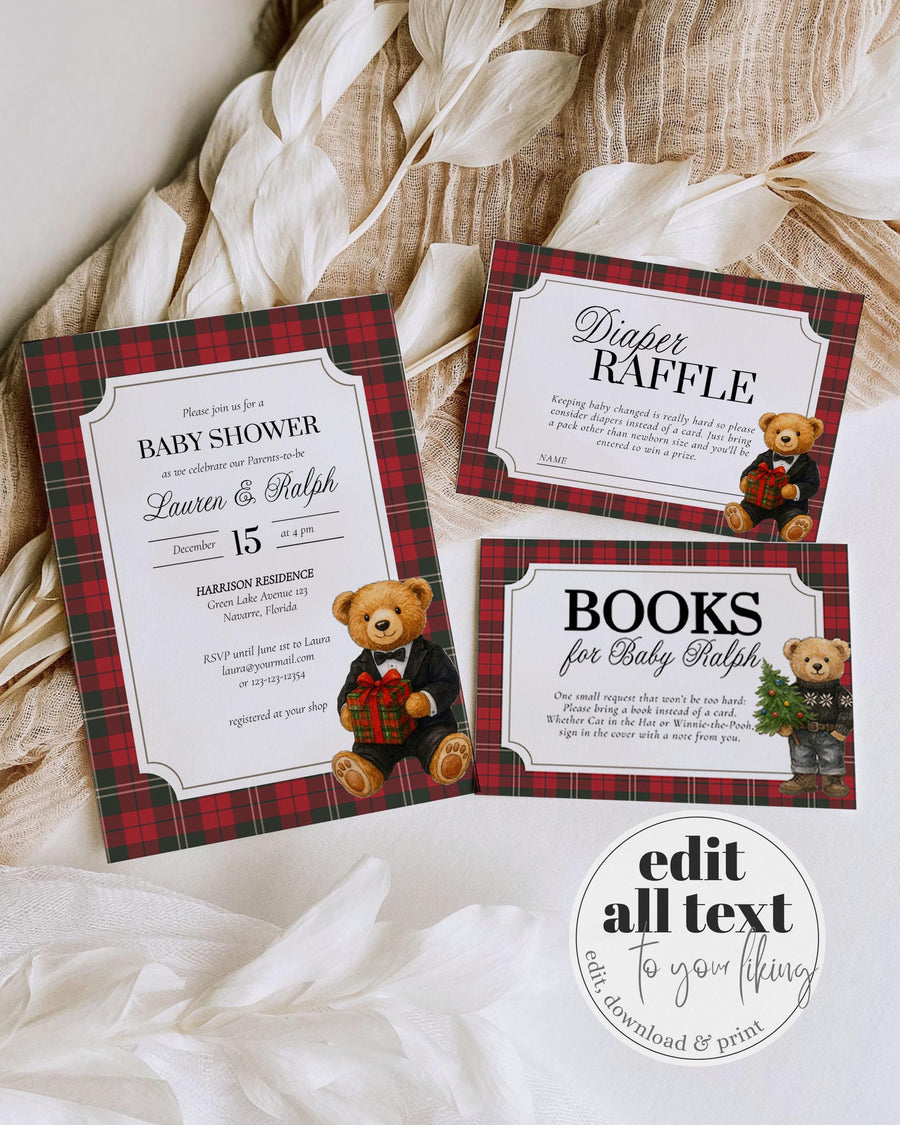 Christmas Teddy Bear Baby Shower Invitation, Plaid Tuxedo, Digital Download 068CH-BSINV - marryful.org