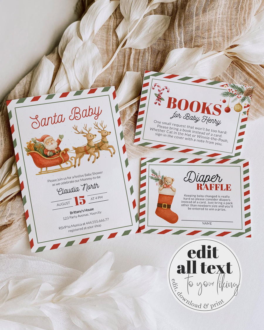 Santa Baby Shower Invitation Template, Christmas Sleigh and Reindeer December Shower 056SA-BSINV - marryful.org