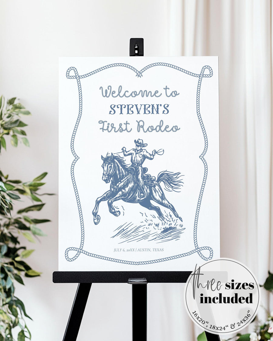 My First Rodeo Welcome Sign, Blue Cowboy First Birthday Western Decor Template 058CB-WLCM-BL - marryful.org