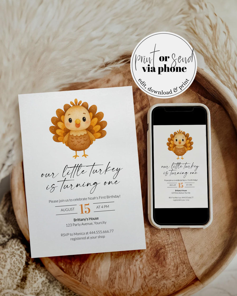 Thanksgiving Little Turkey Birthday Invitation Template, Fall ONE Party Printable 009TU2-BINV - marryful.org