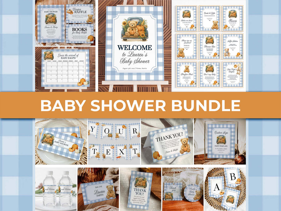 Pumpkin Bear Baby Shower Invitation Decor Bundle: Fall Thanksgiving Blue Truck Theme Template 013PU-BSBUNDLE - marryful.org