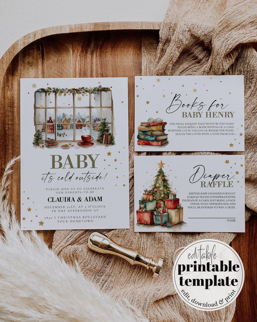Baby Itโs Cold Outside Baby Shower Invitation Template, Winter Christmas Theme #072 - TheLovebirdsDesign