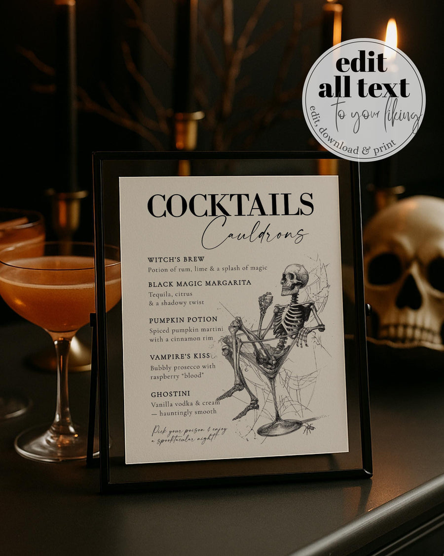 Vintage Gothic Halloween Bar Menu Template, Skeleton Cocktail Drinks Sign Digital Download 057HW-BAME