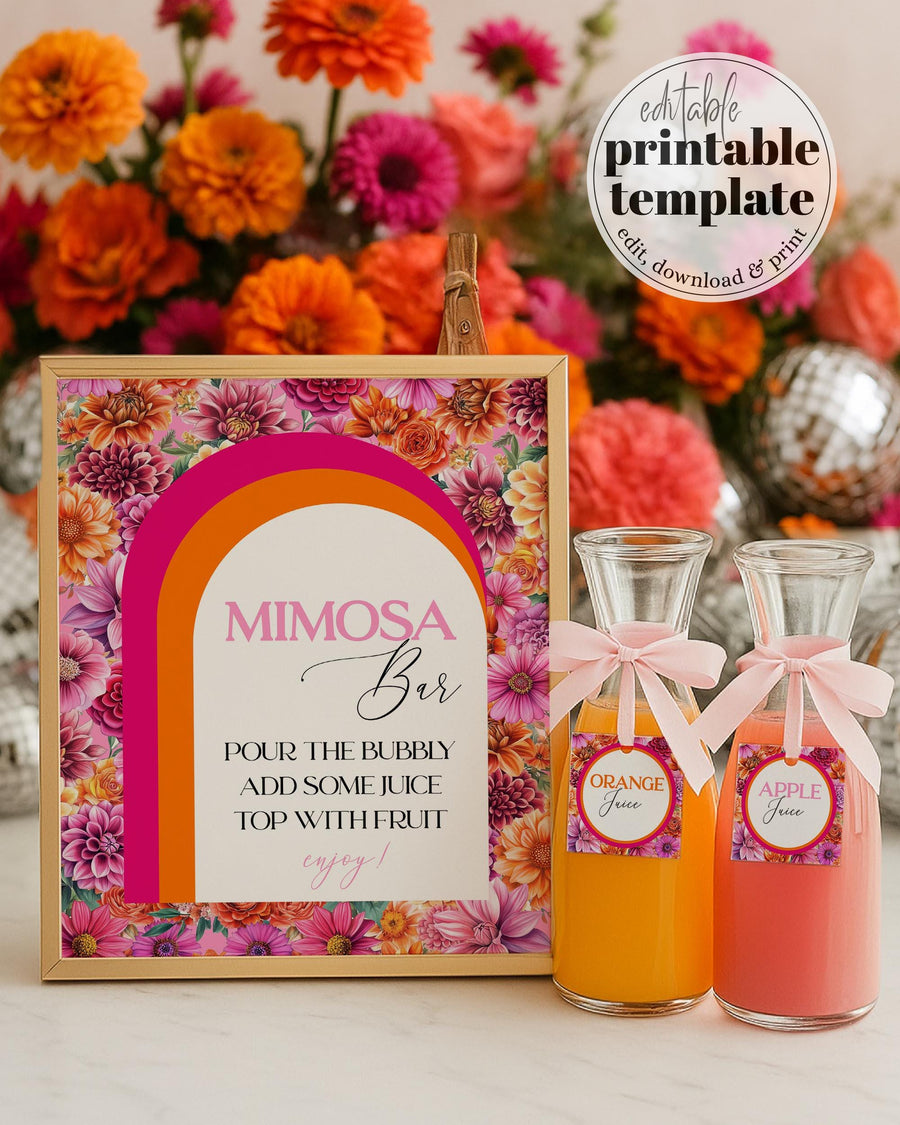 Pink Orange Mimosa Bar Sign and Juice Tags Template, Vibrant Pink Bridal Brunch Mimosa Bar Menu for Summer Bachelorette Party #072 - marryful.org