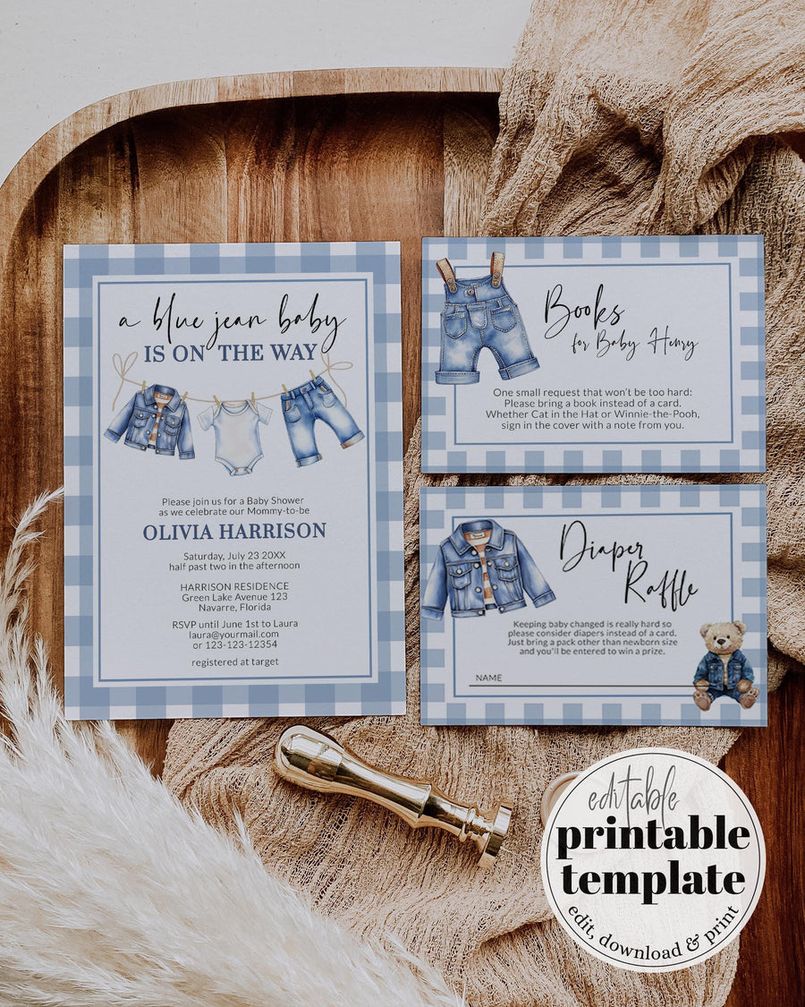 Blue Jean Baby Shower Invitation Set Template, Denim Clothesline Gingham Shower Invite 013JE-BSINV - marryful.org